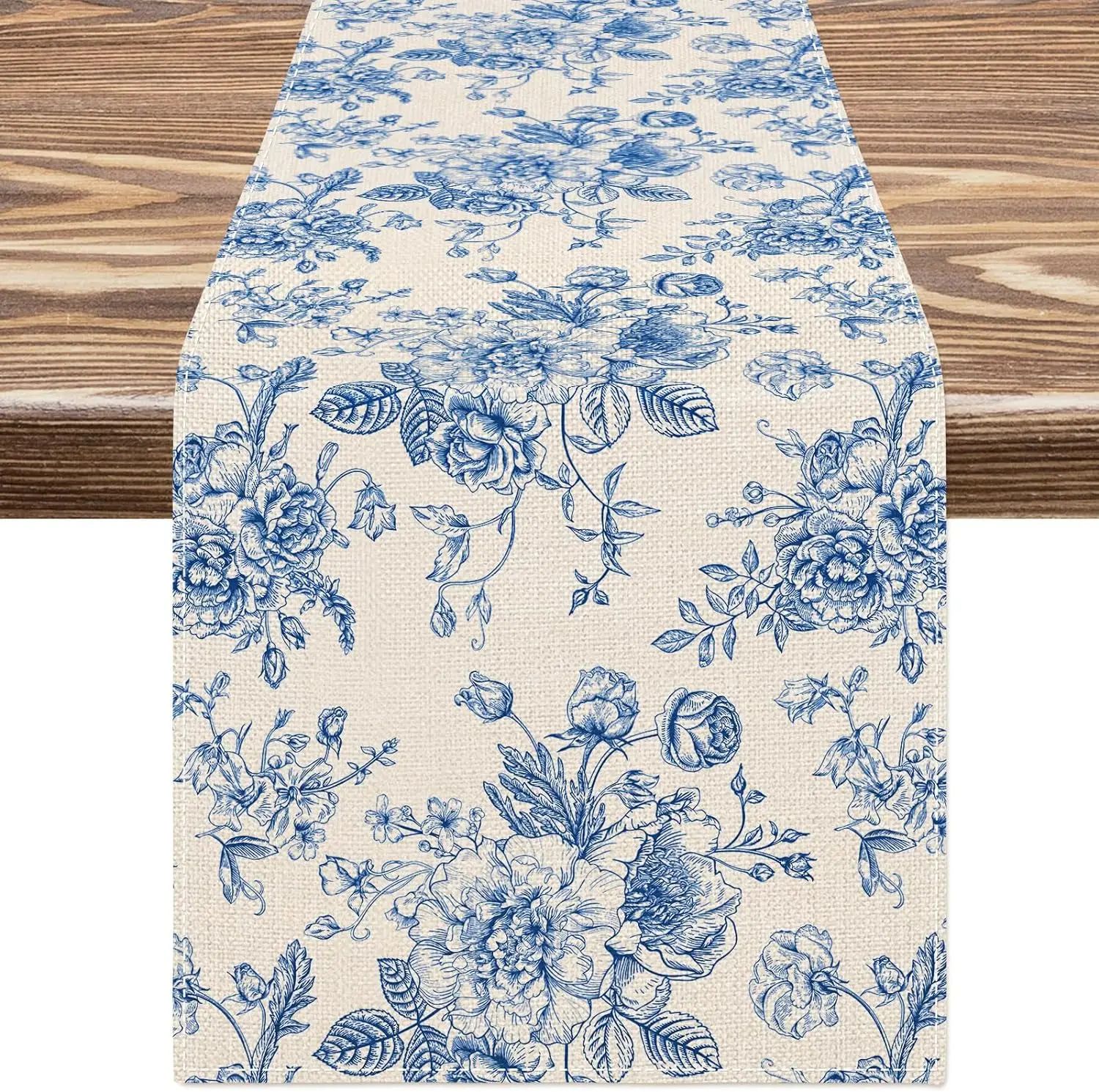 Elegant Chinoiserie Blue Floral Linen Table Runner for Dining & Home Decor
