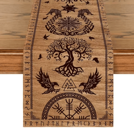 Vintage Viking Raven Linen Table Runner Norse Helm of Awe Dining Decor