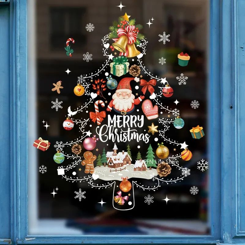 Christmas Window Stickers with Santa & Tree – Festive Glass Decals for Holiday Home Decor