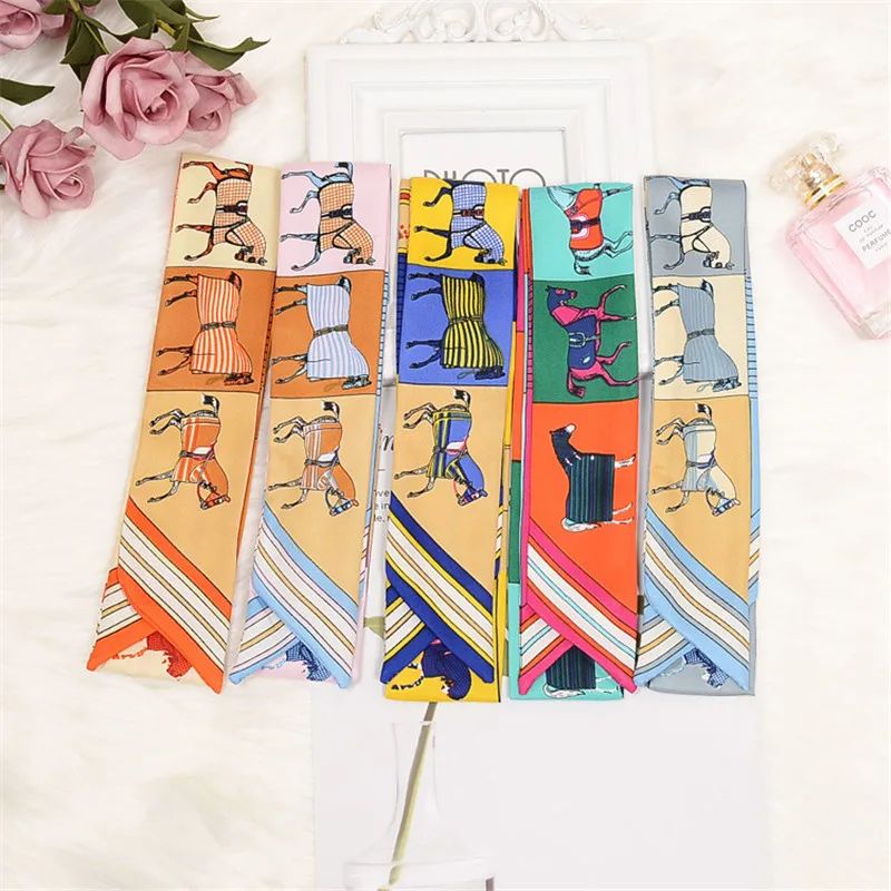 Horse Print Skinny Silk Scarf for Women – Luxury Designer Bag & Hair Tie Ribbon