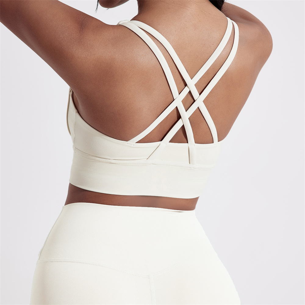 Women Cross Back Fitness Sport Bra Solid Color, High Strength Tight Top, Gym Yoga Training Underwear with Chest Pad