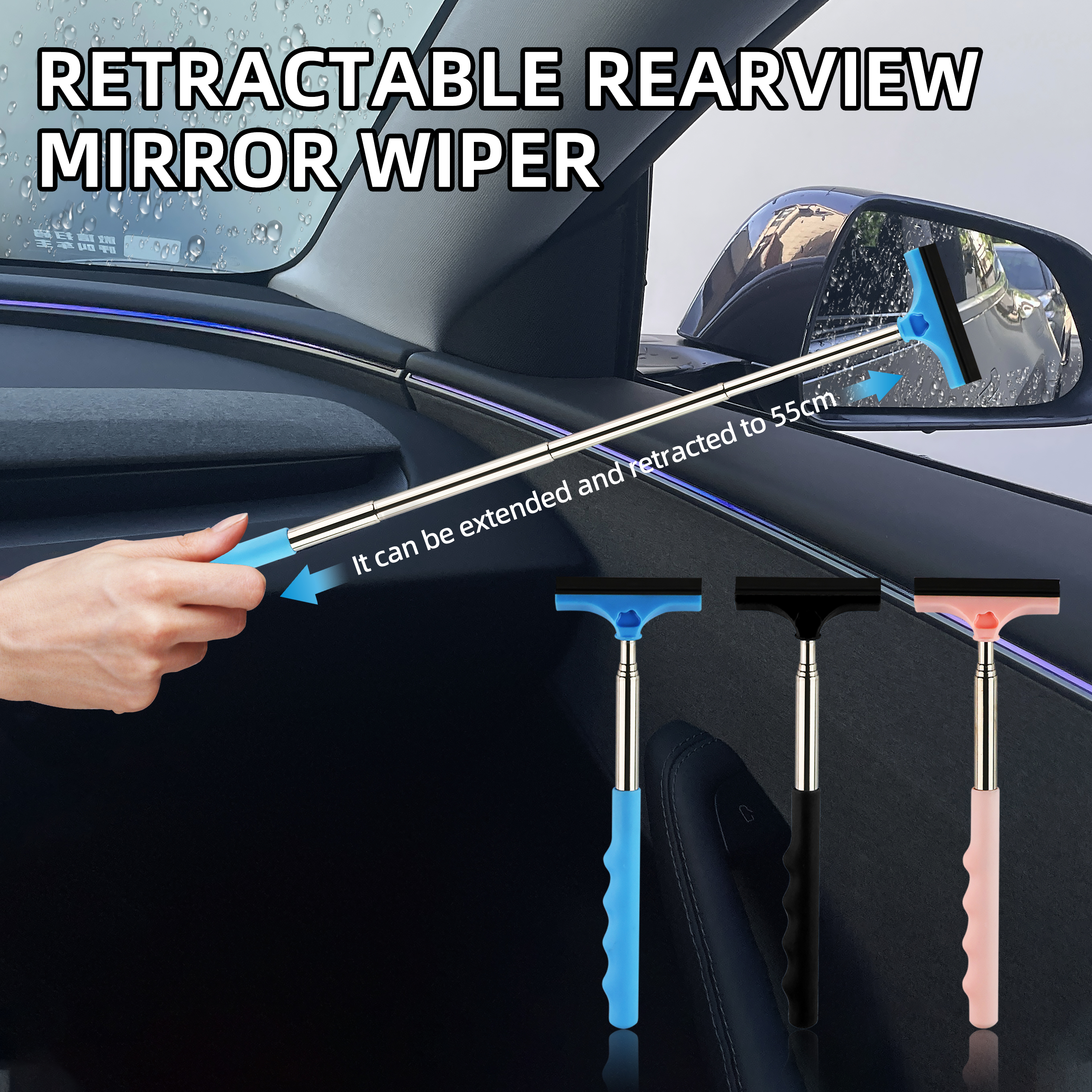 Telescopic Handle Car Rearview Mirror Wiper, Car Glass Cleaning Brush