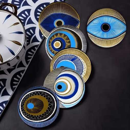 6PCS Wooden Coasters Set Evil Eye Decorative Heat Resistant Mug Mats