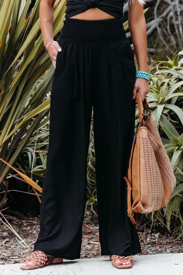 Women Drawstring Wide Leg Casual Pants Mid Waist Beach Trousers