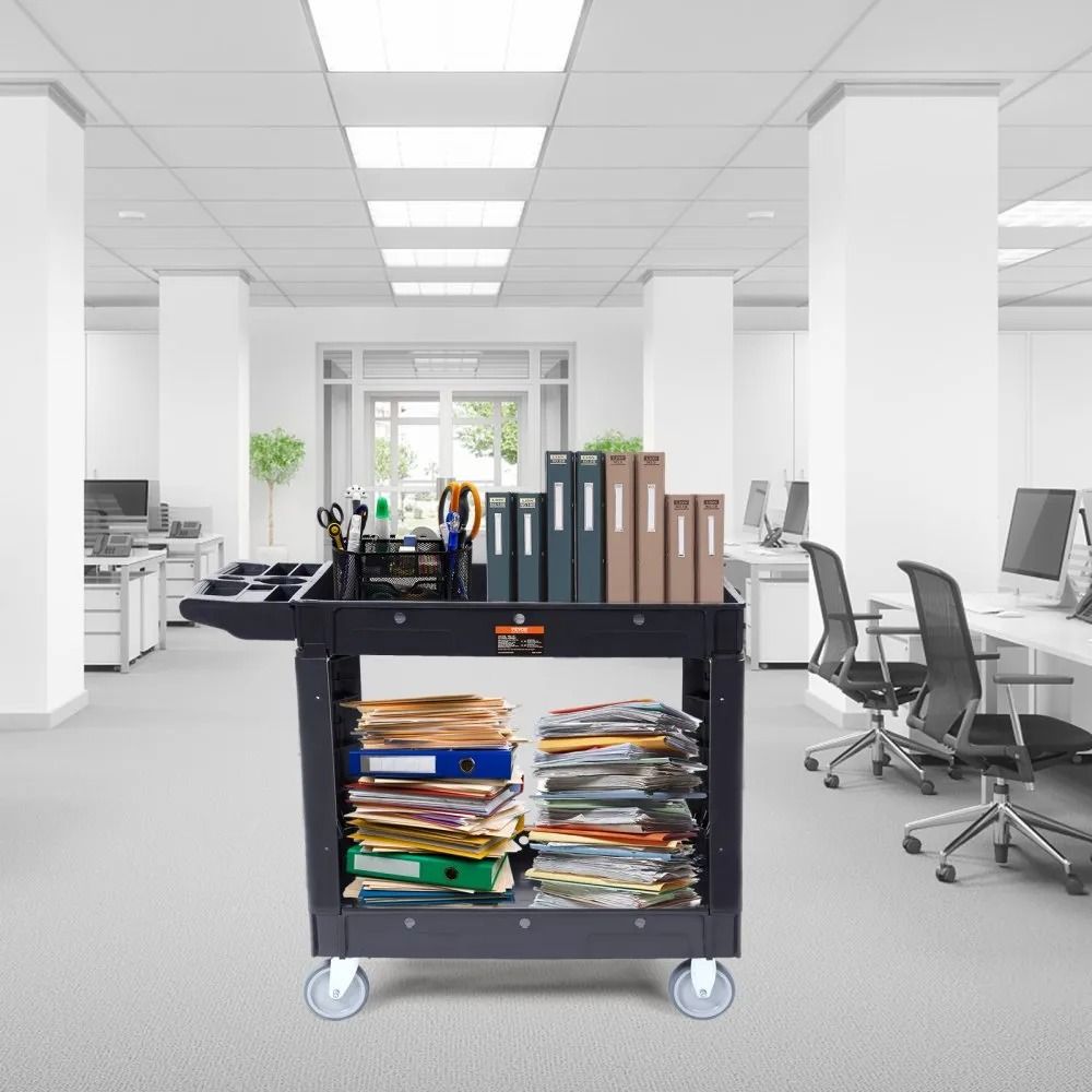 Heavy Duty Utility Service Cart, 2 Shelf Design, Plastic Rolling Utility Cart with Swivel Wheels and Ergonomic Handle