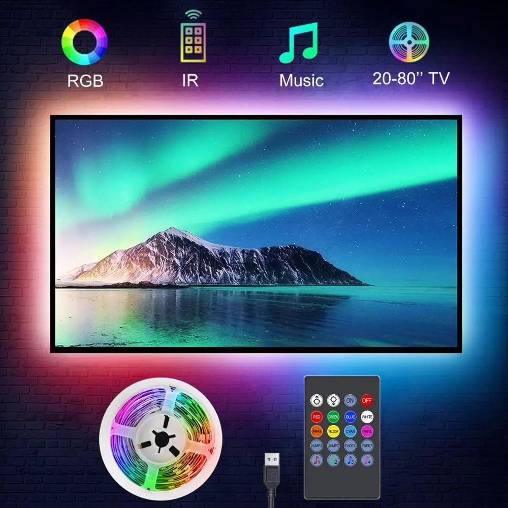 RGB LED TV Backlight Music Sync USB Powered Light Strip for TV, PC, and Mirror, Adjustable Sound Sensitivity