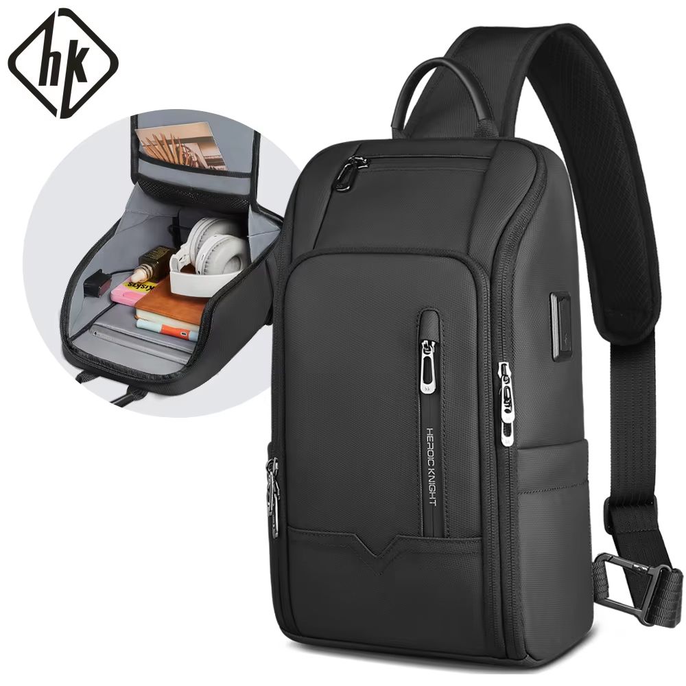 Waterproof Anti-Theft Oxford Chest & Crossbody Sling Bag with USB Port for Men