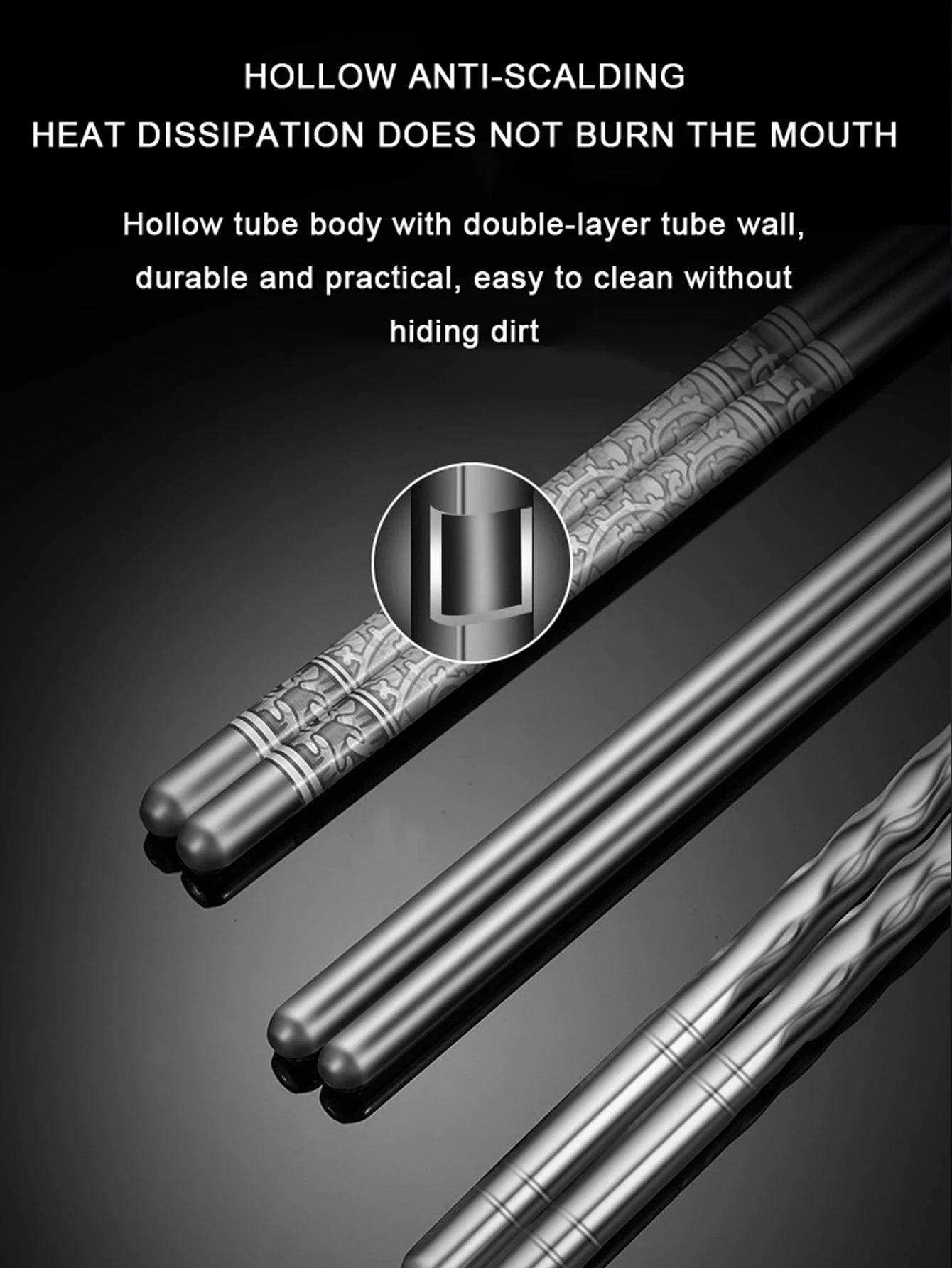 6 Pairs Stainless Steel Chopsticks Set – 8.8in Reusable Non-Slip Metal Chopsticks with Blue & White Design