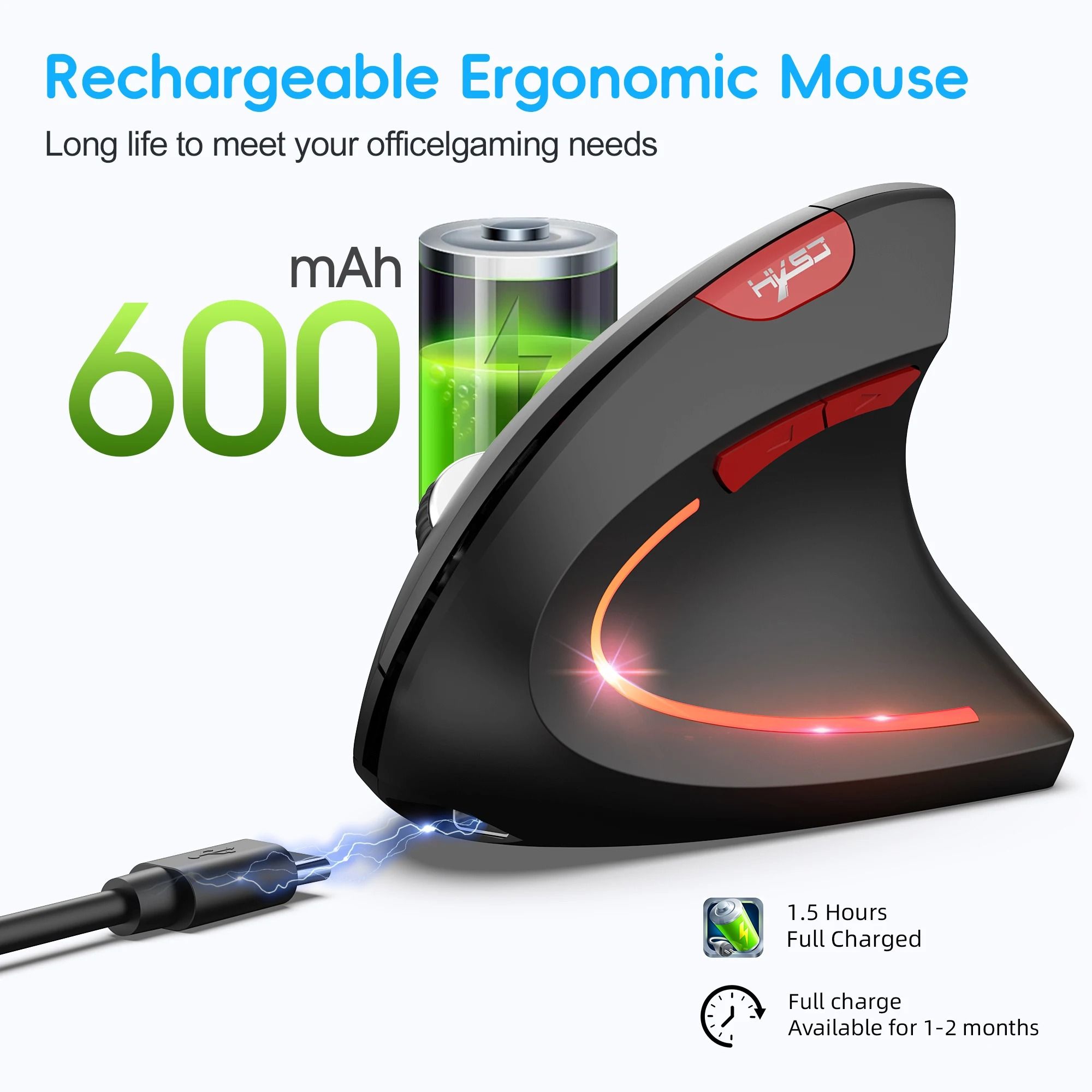 HXSJ T22 Ergonomic Vertical Mouse | Dual-Mode 2.4G & Bluetooth 5.1 Rechargeable 2400DPI Mouse