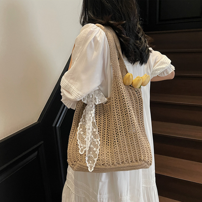 Summer Straw Beach Tote Bag for Women Hollow Out Weave Handbag with Lace Detail