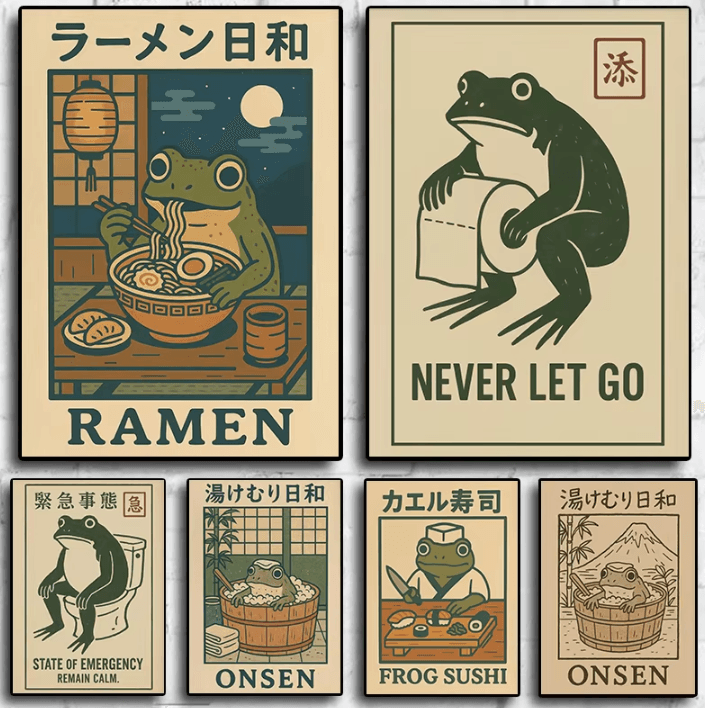 Funny Japanese Frog Bathtub Poster – Retro Sushi Kitchen Wall Art Canvas