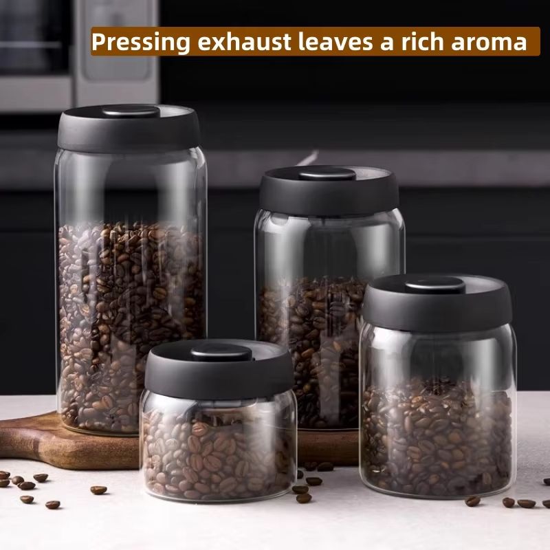Vacuum Sealed Glass Coffee Bean Storage Jar with Manual Pump Lid (16.91 fl oz to 33.81 fl oz)