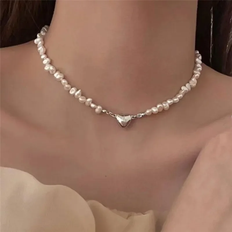 Magnetic Heart Pearl Choker Necklace, Elegant Chain Jewelry for Women Girls, Bridal Engagement Gift