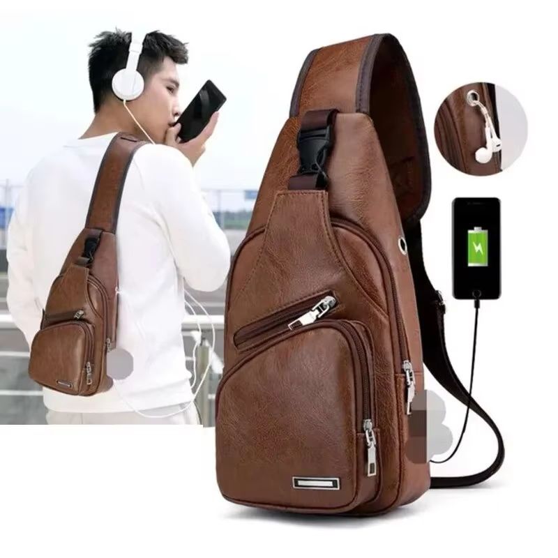 Men's PU Leather USB Charging Chest Bag Crossbody for Commuting and Travel