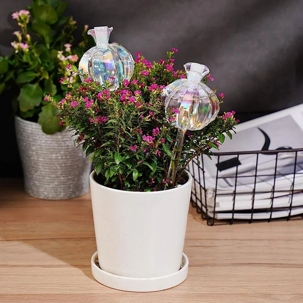 Glass Pomegranate Flower Plant Watering Globes Lazy Self Watering Drippers Set of 2