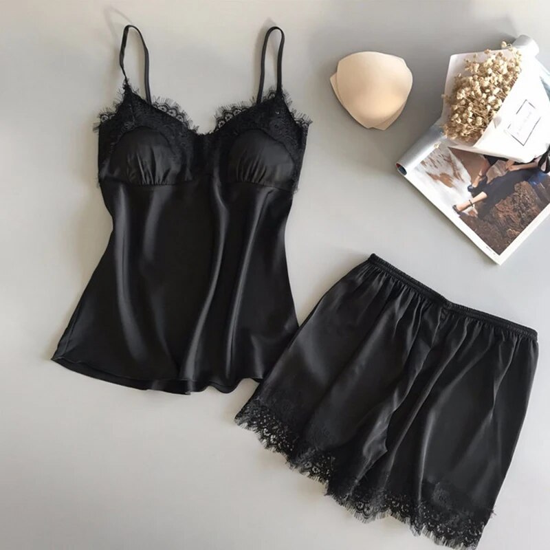 Womens Pajama Suit Fashion V Neck Stretch Satin Babydoll Lace Sexy Lingerie Sleepwear Set with Bowknot