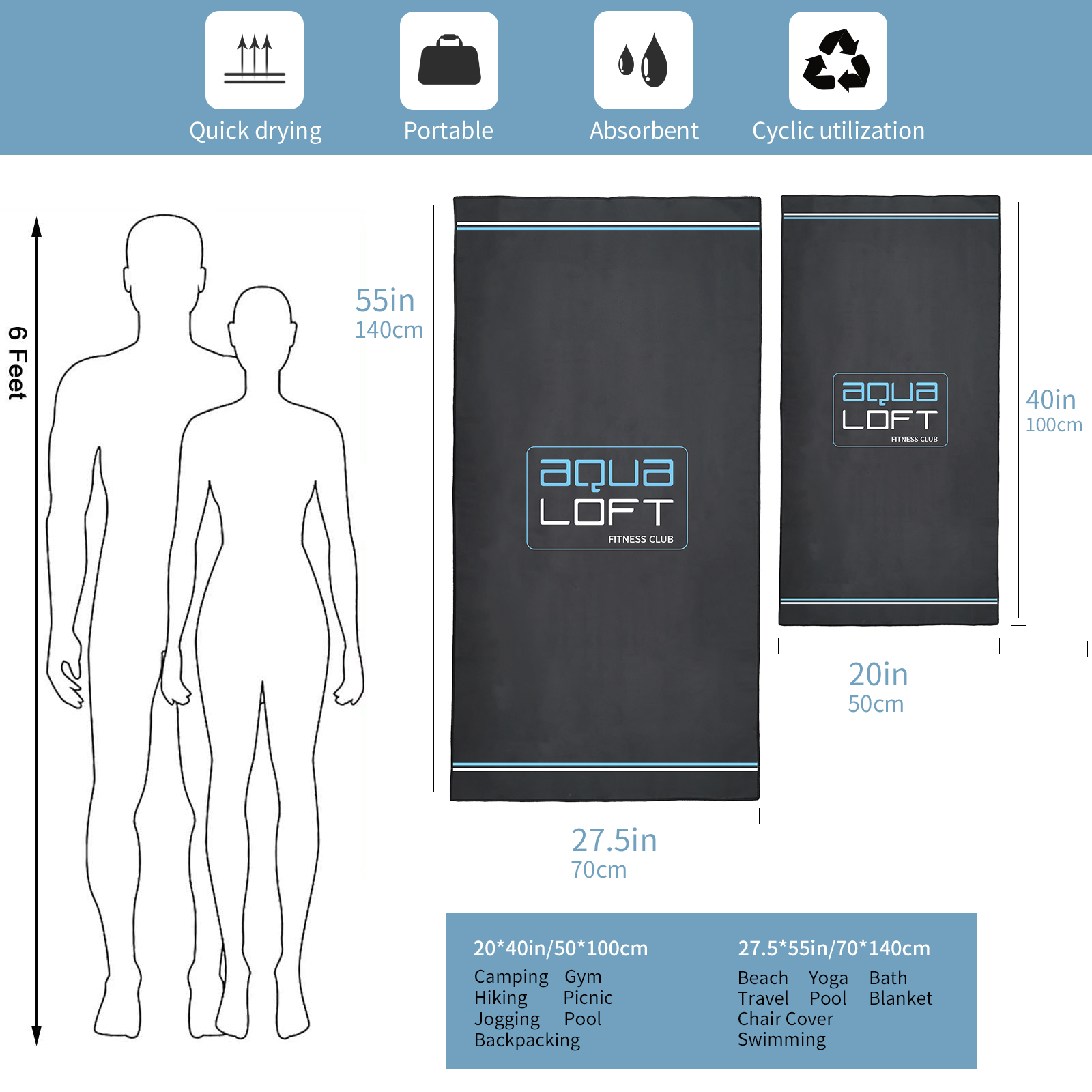 AQUA Microfiber Quick Dry Sports Towel, Soft Lightweight Compact Travel Towel for Sweat, Ultra Absorbent and Fast Drying