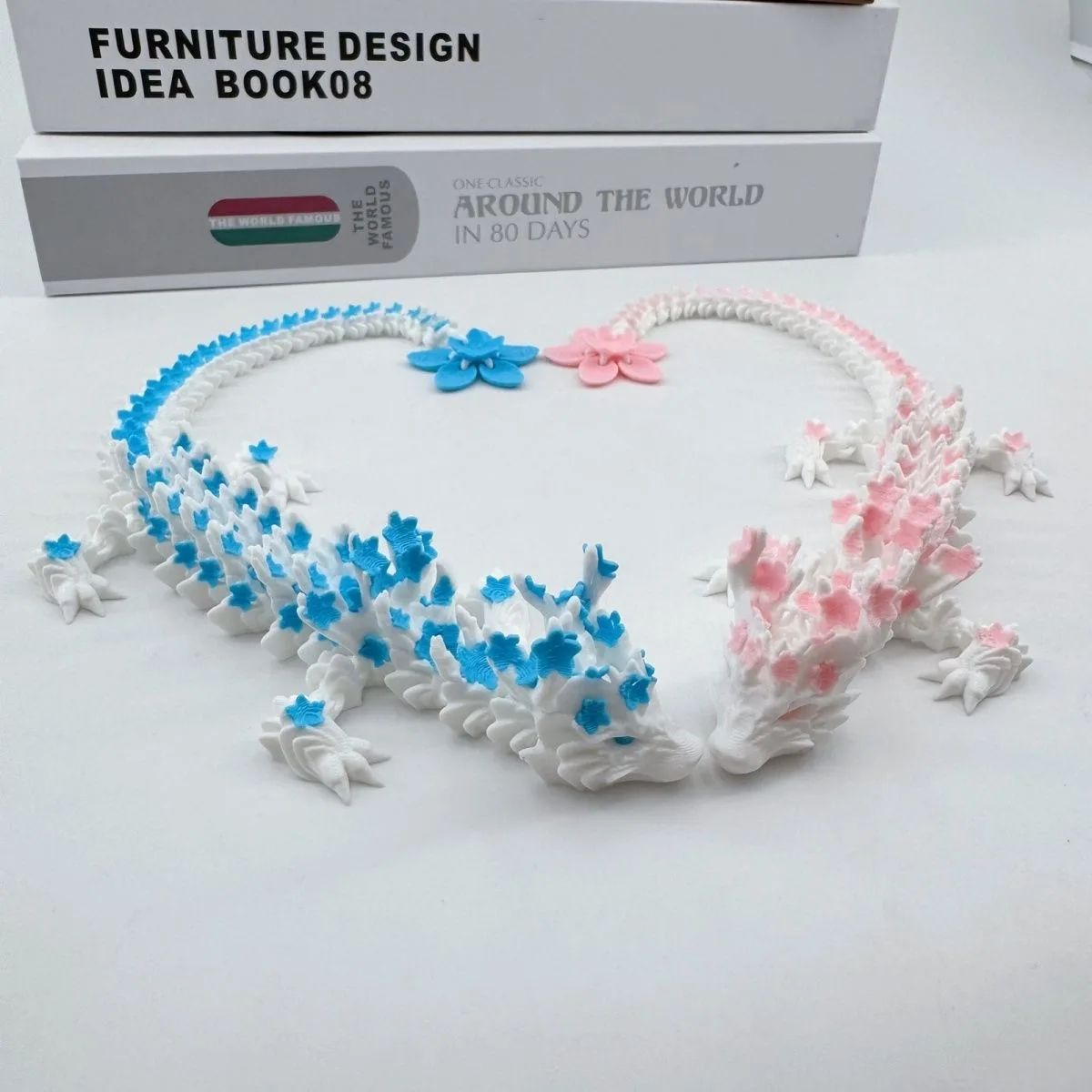 3D Printed Cherry Blossom Dragon Figurine – Movable Joint Love Dragon Desk Decor Ornament