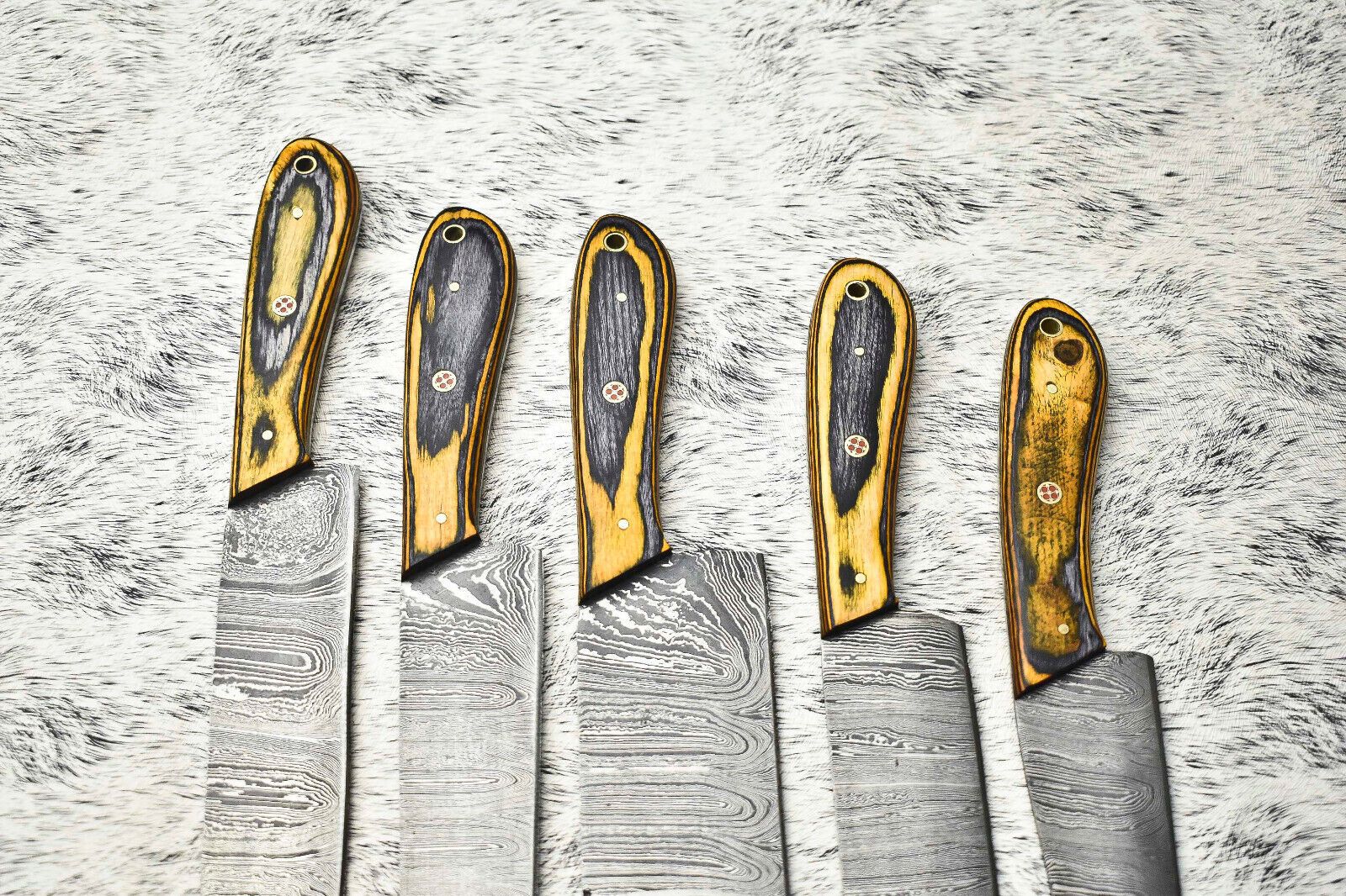 Superb Custom Lot of 5 Handmade Hammered Damascus Steel Chef Knives | Full Tang Blades with Polished Handles