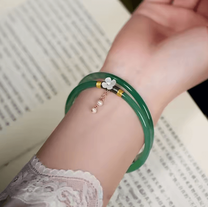 2-Piece Natural Jade Bangle Bracelet Set – Chinese Style Womens Charm Wedding Gift Jewelry