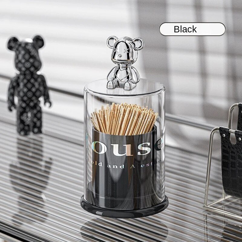 Bear Acrylic Toothpick Box, High Appearance Level Toothtip Holder, Cotton Swab Floss Storage Organizer