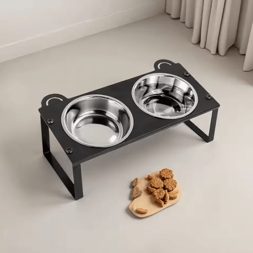 15° Tilted Elevated Cat Feeder with Double Stainless Steel Cat Bowls & Cute Metal Stand