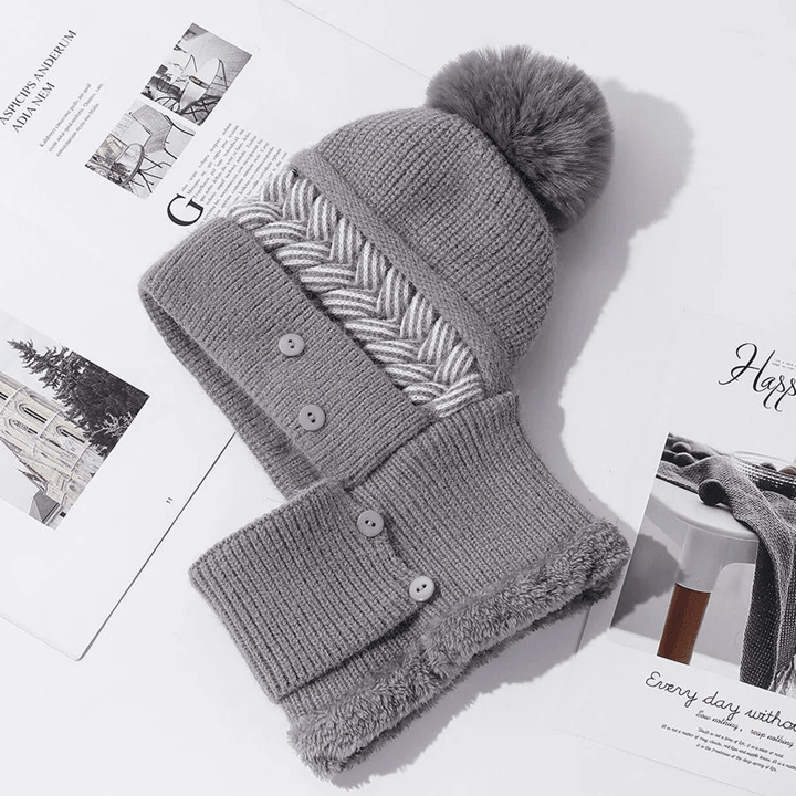 Womens Plush Fur Lined Winter Hat with Pompoms and Windproof Balaclava Design