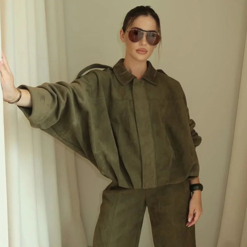 HXAO Cropped Suede Bomber Jacket Women Lapel Zipper Racing Coat