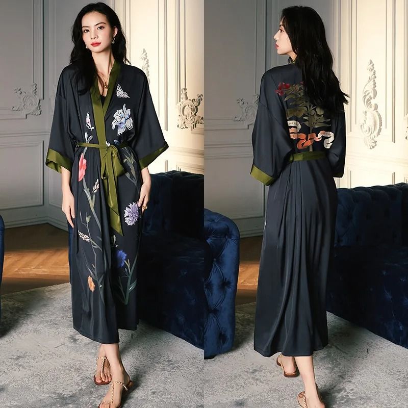 New Spring Summer Female Long Robe Set – Sexy Flower Print Kimono & Silk Satin Casual Lounge Wear