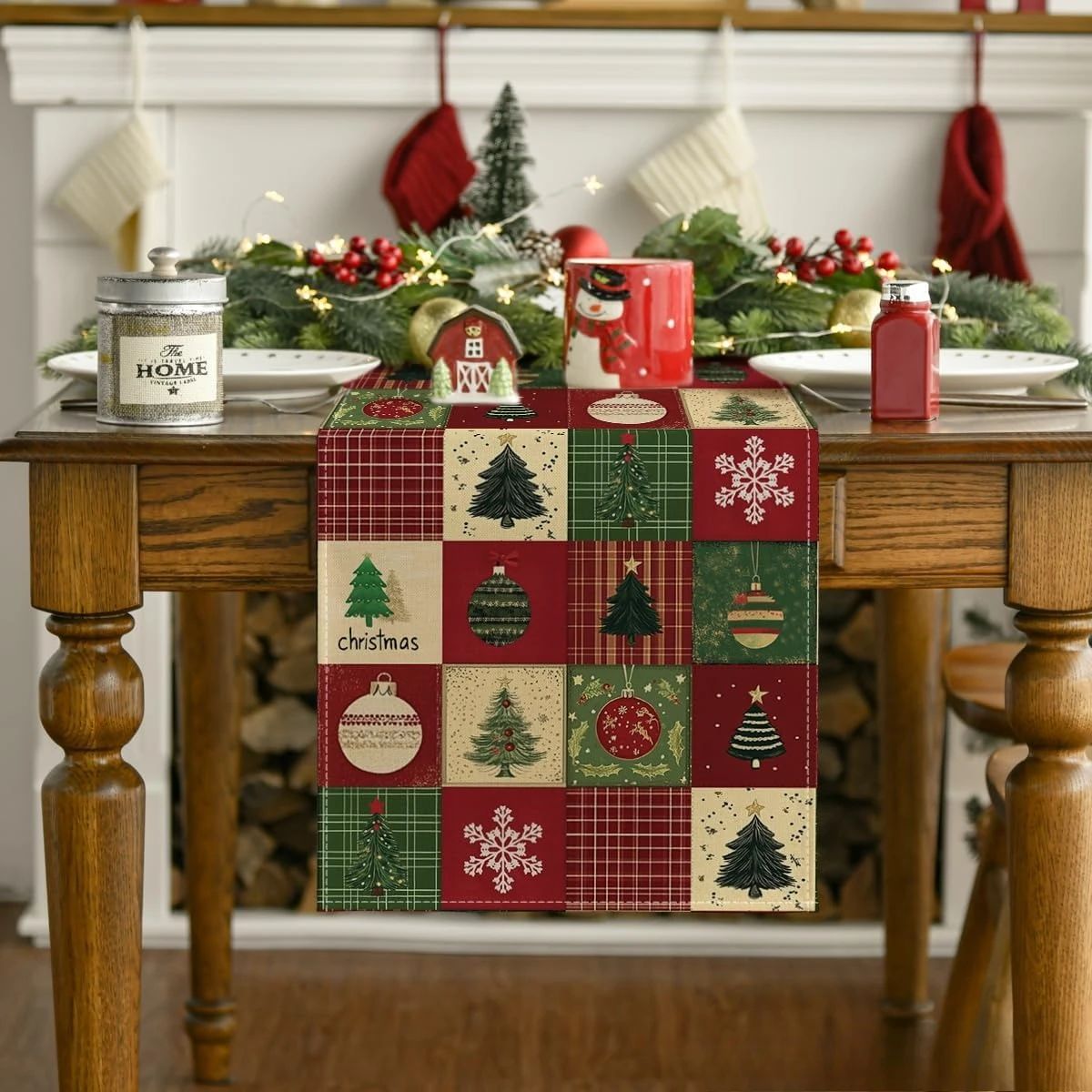 Christmas Plaid Linen Table Runner Snowflake Holiday Dining Decor