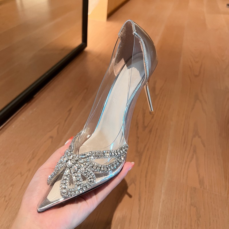 Summer Women's Fashion Pointed High Heel Sandals, Transparent PVC Rhinestone Back Buckle Banquet Shoes