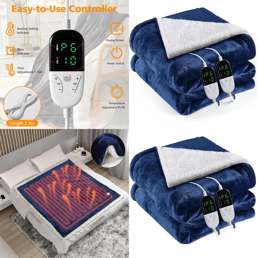 Blue Queen Size Electric Blanket Washable with Heat Levels and Auto-Off