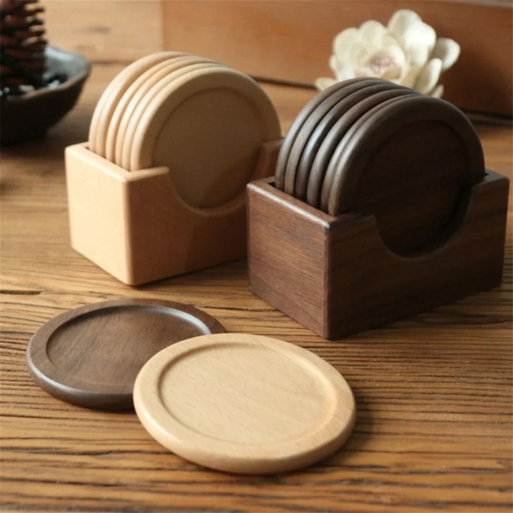 6-Piece Solid Walnut Wood Coaster Set – Premium Round Insulated Placemats for Japanese-Style Coffee & Home Decor