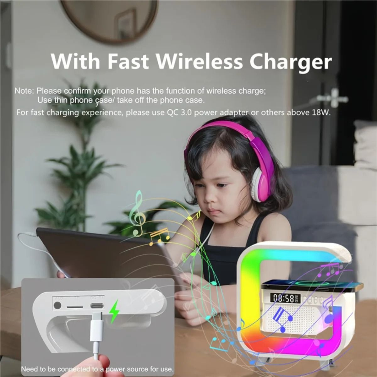 Home Bluetooth Speaker with Wireless Charger and RGB Alarm Clock