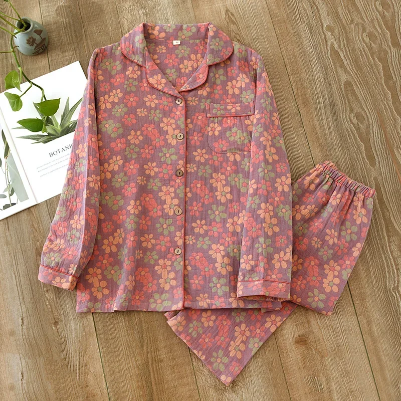 Women's New Spring Pajamas Suit, Cotton Crepe Two-Piece, Long-Sleeved Trousers, Flower Leaves Home Clothes
