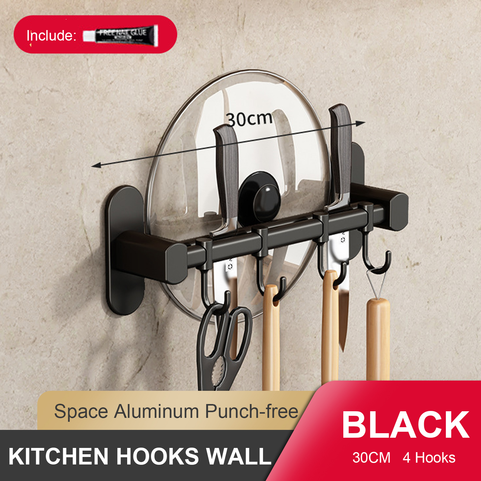 Wall Mounted Kitchen Hook Rack, No-Punching Wall Hangers, Rail Kitchen Utensils Rack, Spoon Shovel, Chopping Board
