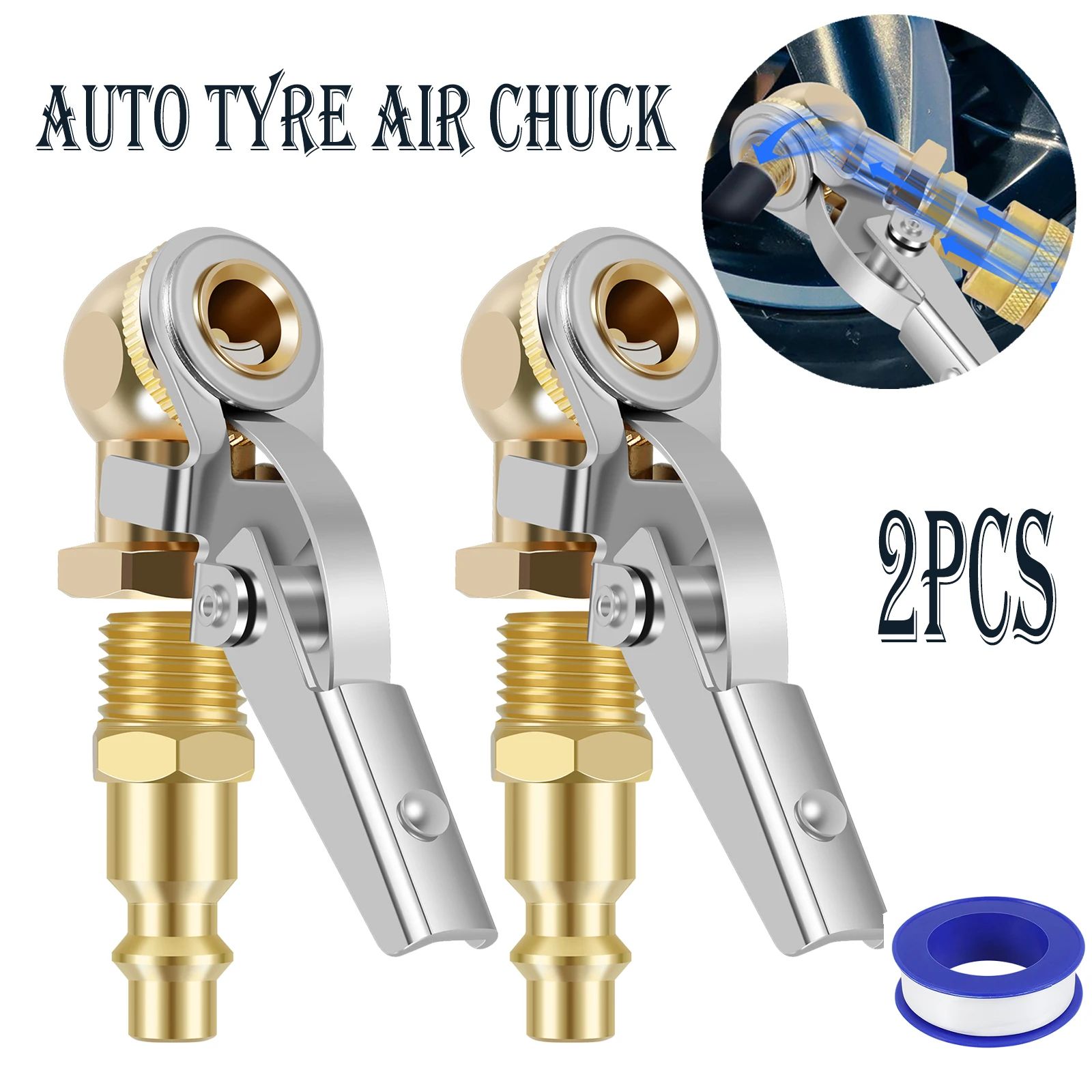 2 Piece Tire Air Chuck Adapter Set Quick Connect Inflator Valve Nozzle for Car Air Pump