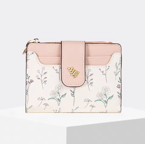 Womens PU Leather Wallet Flower Printed Short Slim Coin Purse with Card Holder