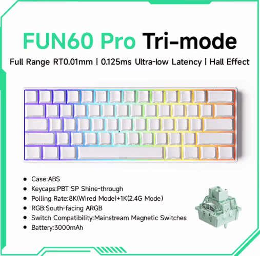 MONSGEEK FUN60 PRO & MAX HE Magnetic Switch 60% Wireless Gaming Keyboard with Rapid Trigger & 8K Polling