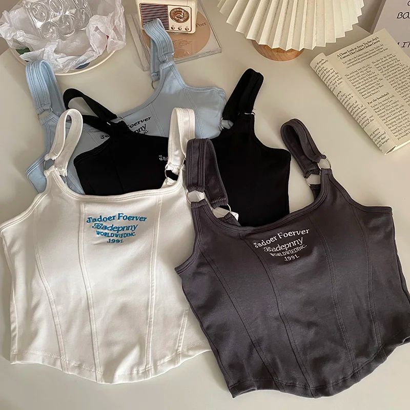 Y2K Shoulder Belt Iron Ring Crop Tank Top with Built-In Bra Pad – Embroidered Letter Slim Fit Cami