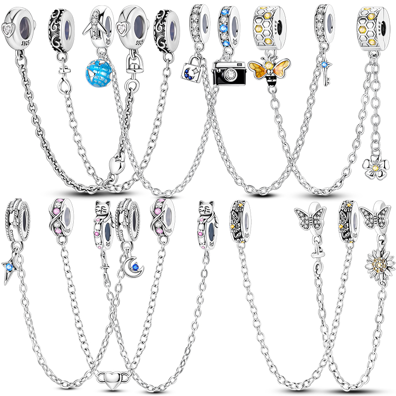Sterling Silver Safety Chain Beads Aircraft Earth Camera Daisy Silicone Charms for Original Bracelets DIY Jewelry Women