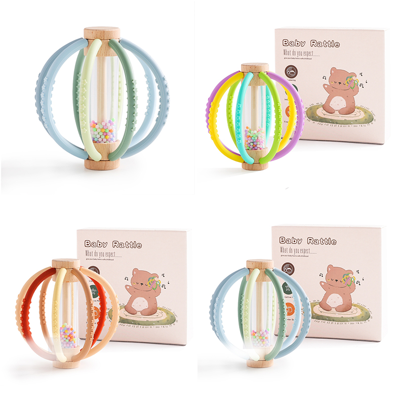 Wooden Rain Drum Baby Rattle with Silicone Teether, Montessori Sensory Toy for Newborn Teething