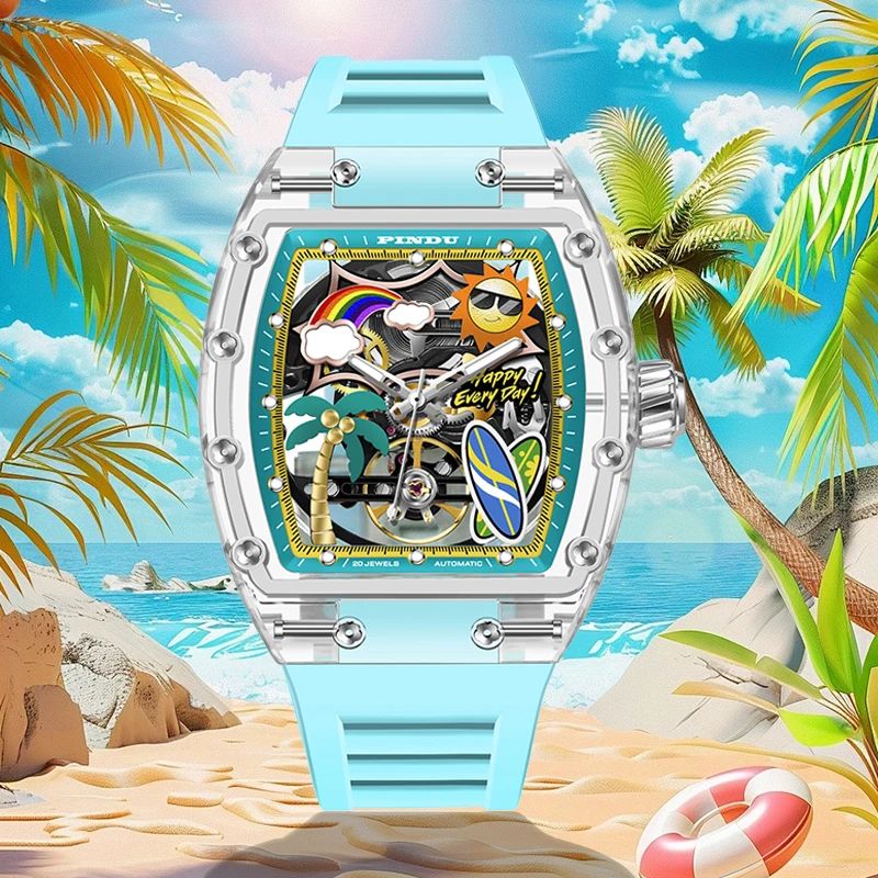 PINDU Unique Dial Mechanical Watch for Men Waterproof Summer Sport Watch with Silicone Strap