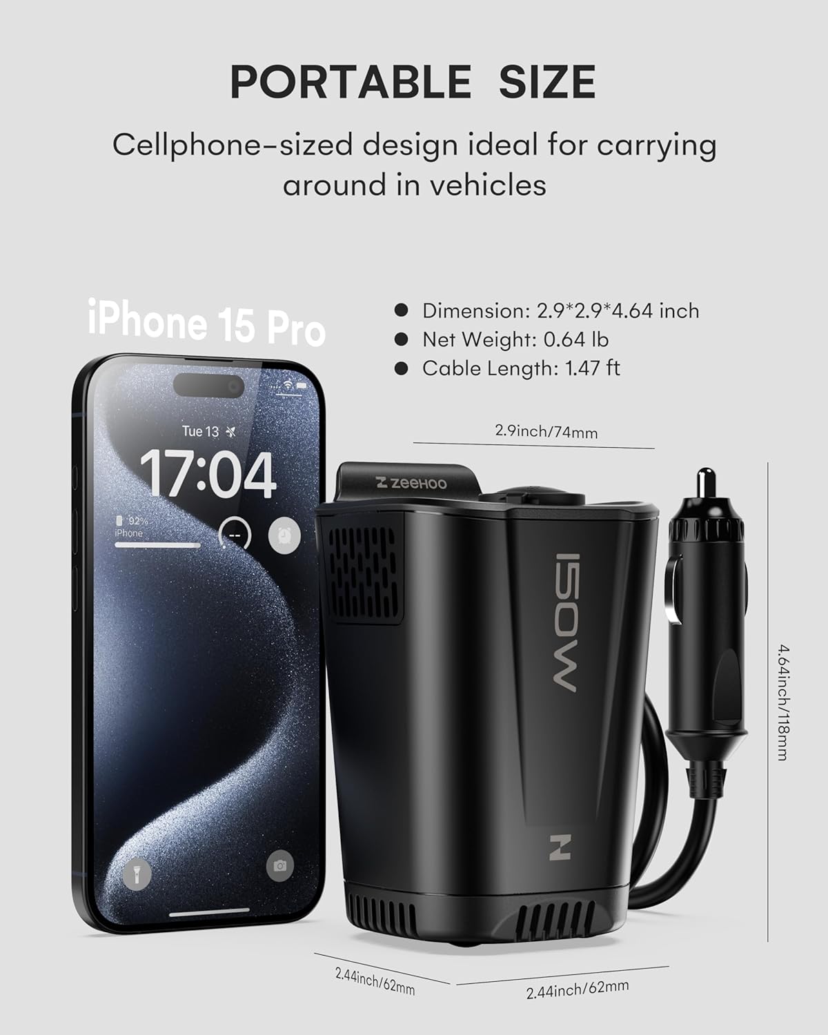 Car Power Inverter Fast Charger With Dual PD USB and 2 AC Outlets for Travel and Road Trips