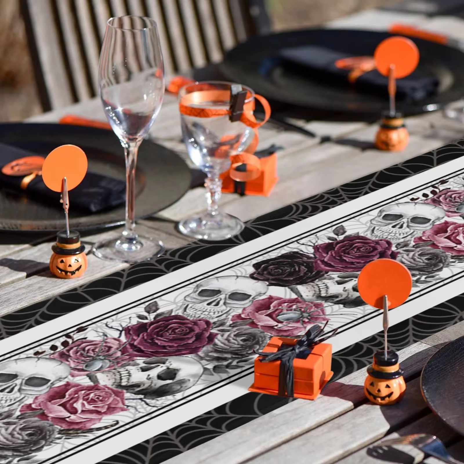 Halloween Skull Rose Crow Linen Table Runner Gothic Party Dining Table Decor