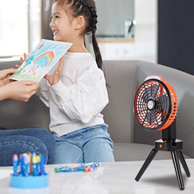 Rechargeable Camping Fan with Foldable Tripod, 270° Auto Rotation & LED Light