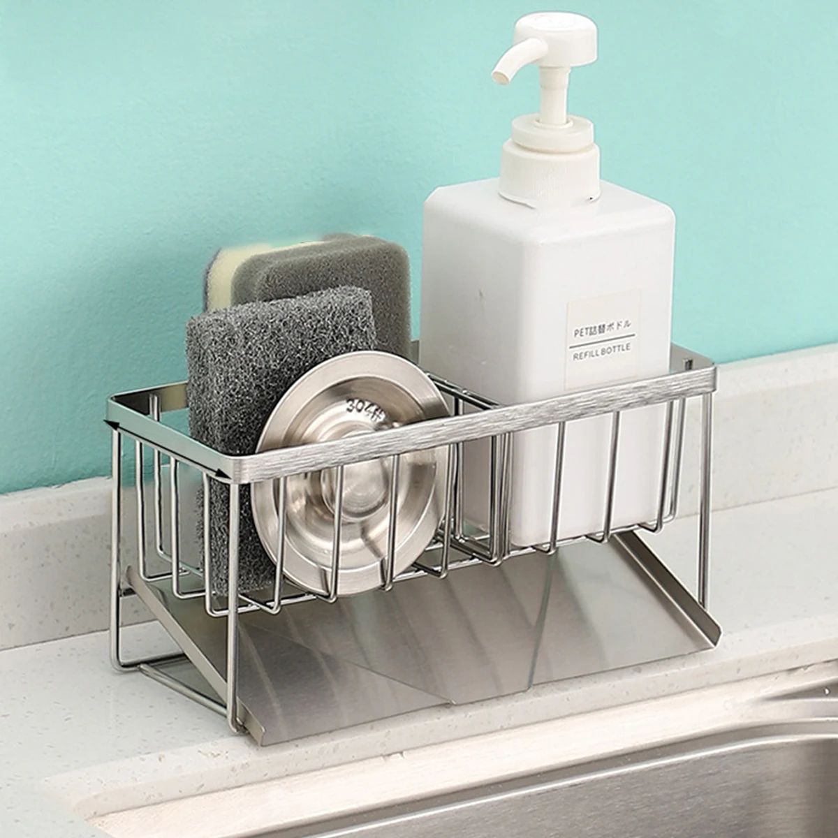 Premium 4-in-1 Stainless Steel Sink Caddy – Kitchen Sponge Holder & Soap Dispenser Brush Drainer Rack with Removable Dra