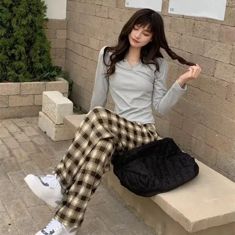 Women's Plush Wide Leg Plaid Pants Warm Cashmere Style Loose Winter Trousers