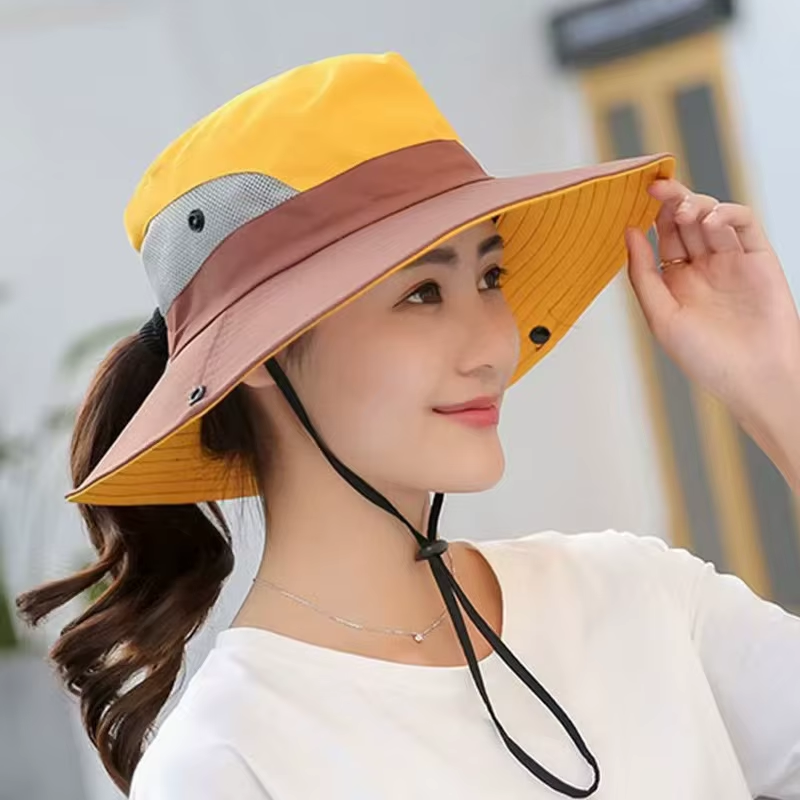 Womens Wide Brim Sun Hat with Ponytail Hole Breathable Waterproof Summer Beach Hat