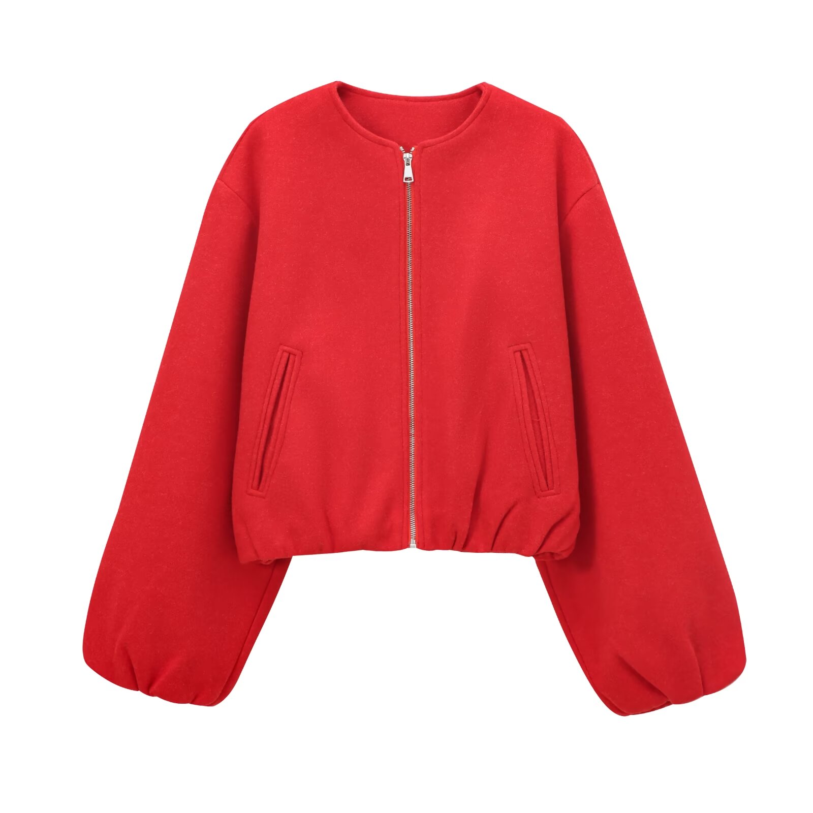 Red Zipper Bomber Jacket for Women, Soft Cropped Jacket, Long Sleeve Sports Style, New Outerwear
